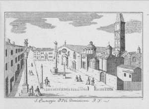 Marc'Antonio Dal Re, veduta settecentesca della Piazza S. Eustorgio, con il convento sede dell'Inquisizione.