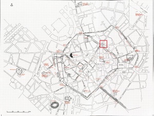 Milano romana: Piazza della Scala (nel riquadro rosso) risulterà nuovo punto di cerniera tra la più vecchia Mediolanum e la nuova città
